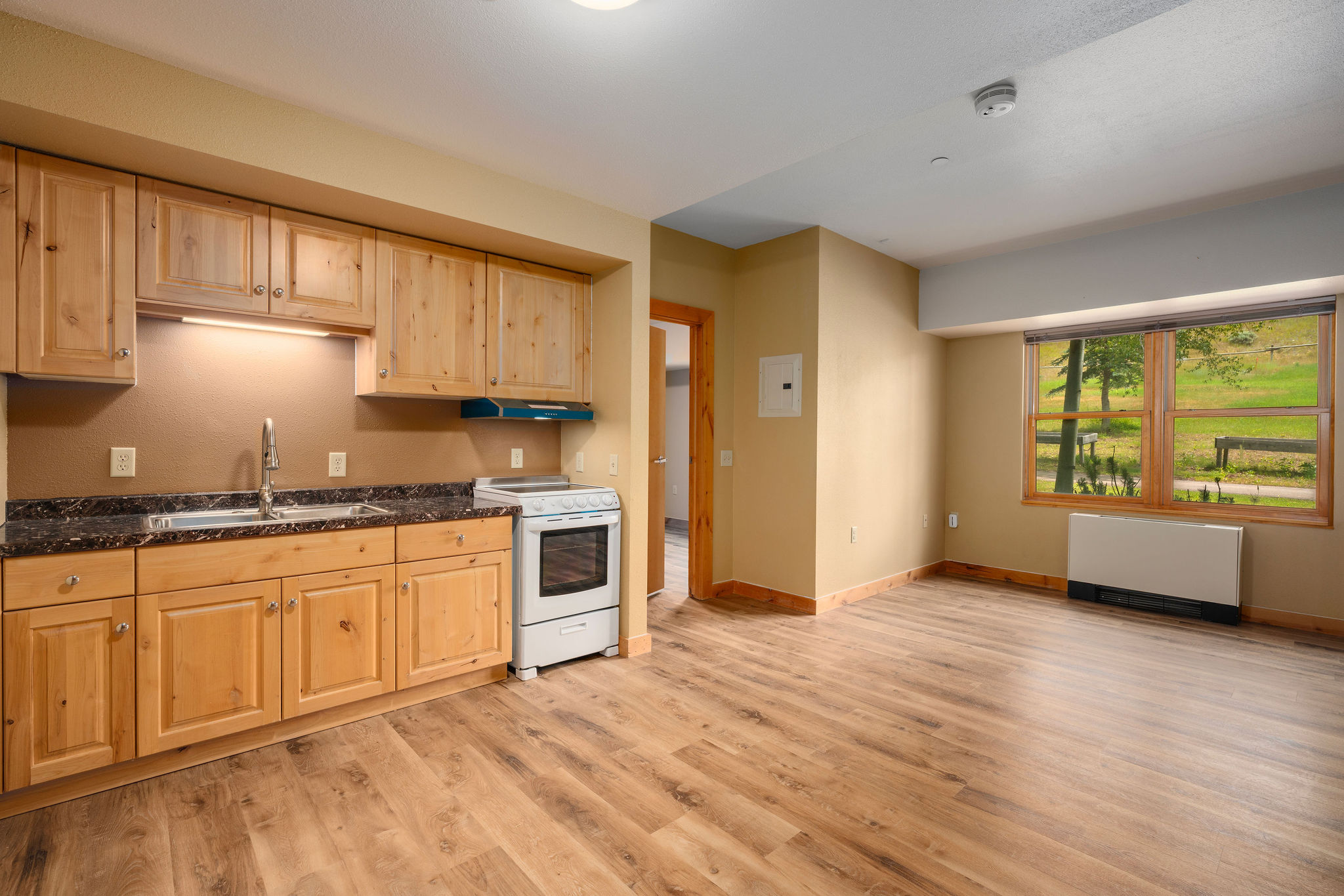 Actual updated Legacy Lodge full kitchen and adjoining living area